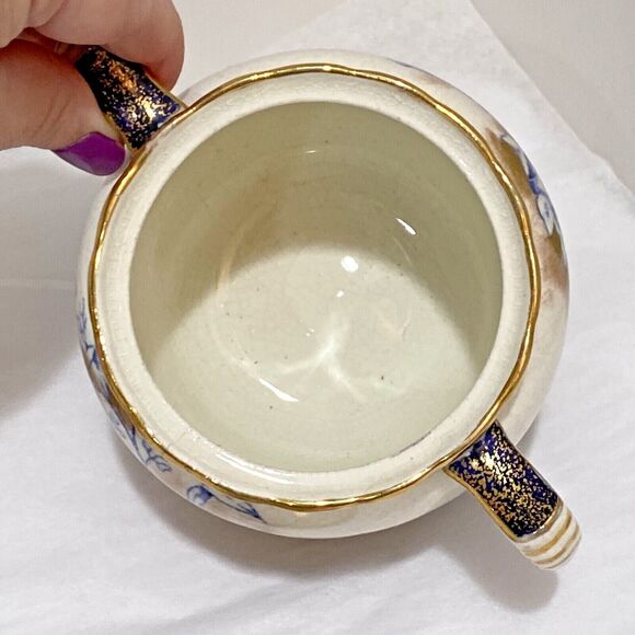 Vintage porcelain creamer & sugar bowl cobalt blue gold highlights unique floral - Picture 10 of 12